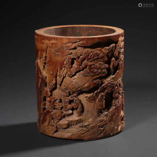 A Carved Bamboo Pine Tree And Figures Brush Pot