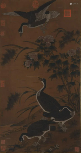 A Chinese â€˜Cranes and Peoniesâ€™ Painting Silk