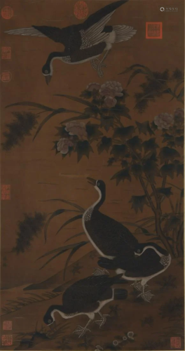 A Chinese â€˜Cranes and Peoniesâ€™ Painting Silk