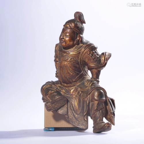A Gilt Wood Carved Sitting Skanda Statue