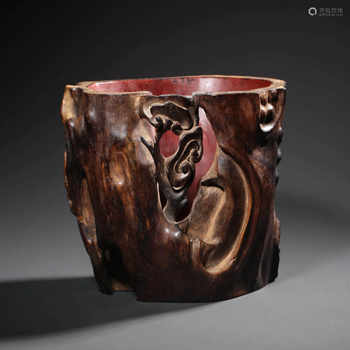 A Red Sadalwood Carved Brush Pot