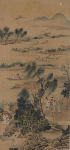A Chinese Painting Silk Scroll , Qiu Ying Mark