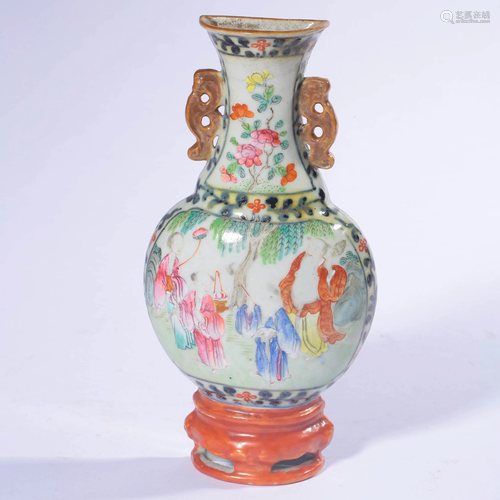 A Famille Rose Double-eared Porcelain Vase