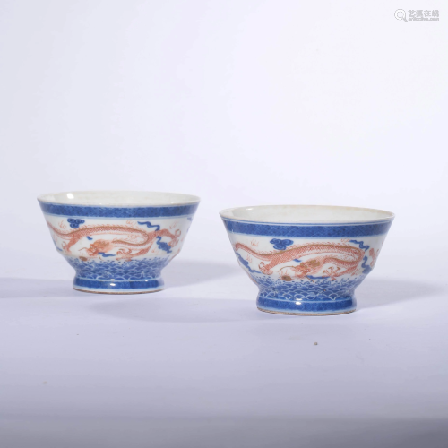 A Pair of Blue and White Copper Red Porcelain Cups