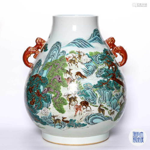 A Famille Rose Hundred Deer Patterned Porcelain Zun