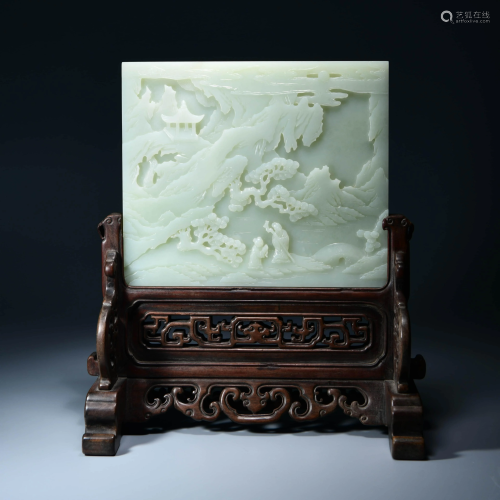 A White Jade Table Screen with Wooden Pesteal