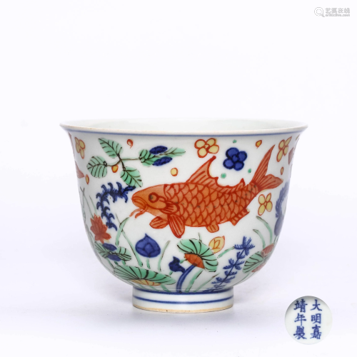 A Wucai Fish and Water-weed Porcelain Cup