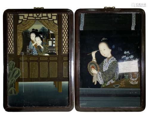 Pair Of Chinese Painted Glass Panel, NO RESERVE