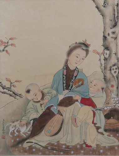 A Chinese Hanging Silk Scroll, Jiao Bingzhen Mark