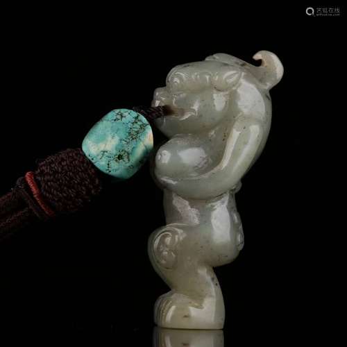 Carved Han Hetian Celadon Jade Beast Pendant