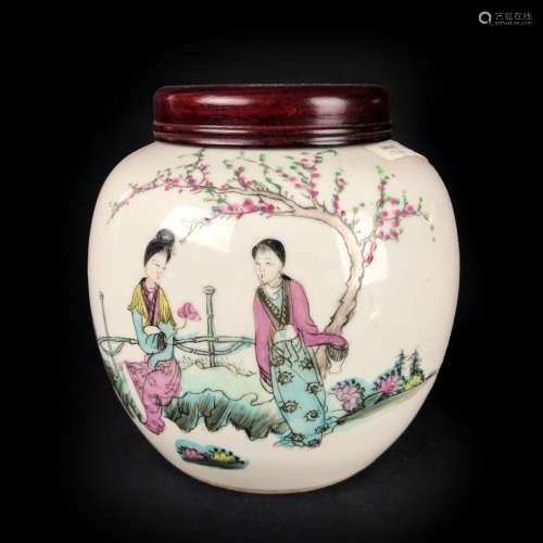 Famille Rose 'Maiden' Porcelain Vase with Lid