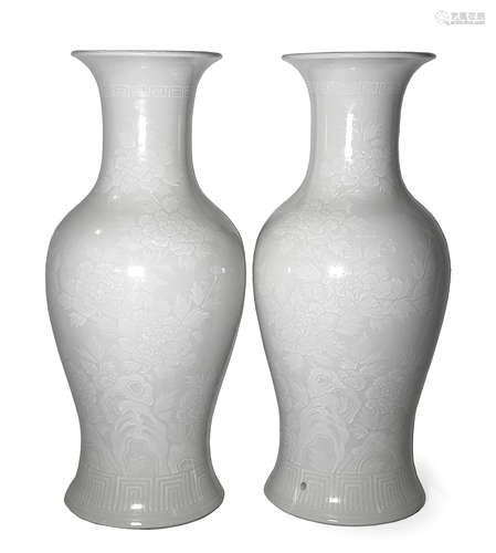 Pair Of Incised White-Glazed Porcelain Vases