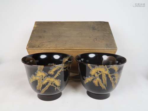 Pair Japanese Lacquer Cups With Gilt And Silver Artwork