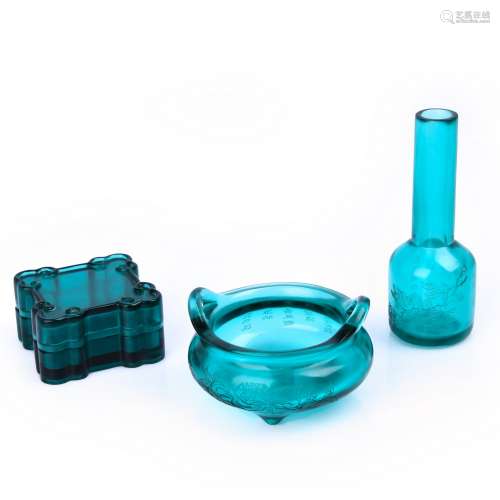 Three Carved Poem-Insribed Blue Glass Vassles, Qianlong