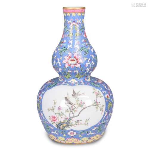 Blue-Ground Famille Rose Double-Gourd Porcelain Vase,