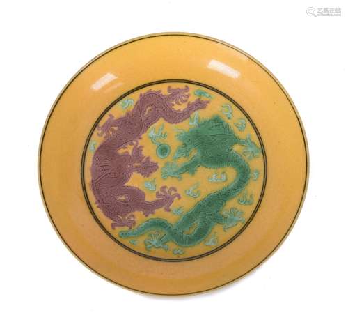 Yellow-Ground Green and Red Glazed Dragon Plate,