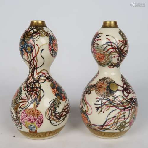 Rare Pair Satsuma Double-Gourd Vases, Late Edo Period