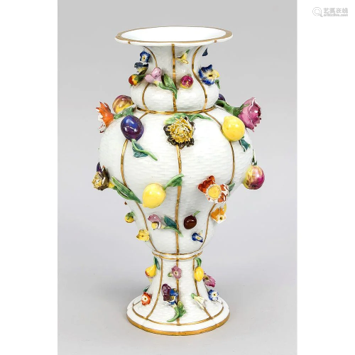 Vase with flowers and fruits,