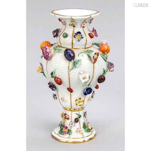Vase with flowers and fruits,
