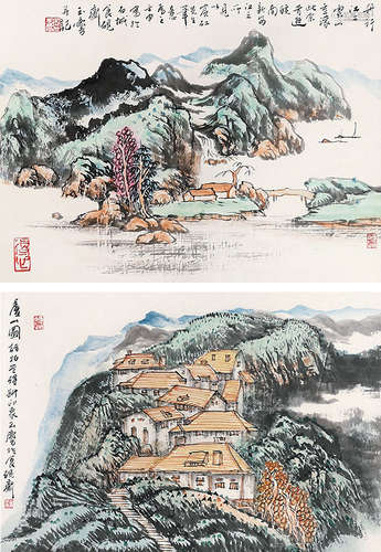 b.1947 宋玉麟 山水 立轴 （两开） 纸本