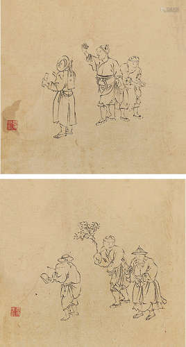 1901～1982 郑慕康 人物白描 （十六帧选二） 单片