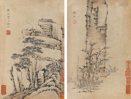 1610～1664 弘仁 山水 （两帧） 镜片 纸本