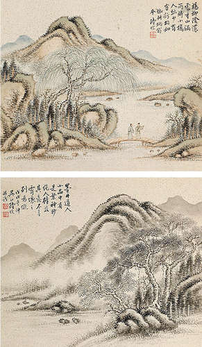 1851～1920 陆恢 山水双挖 立轴 纸本