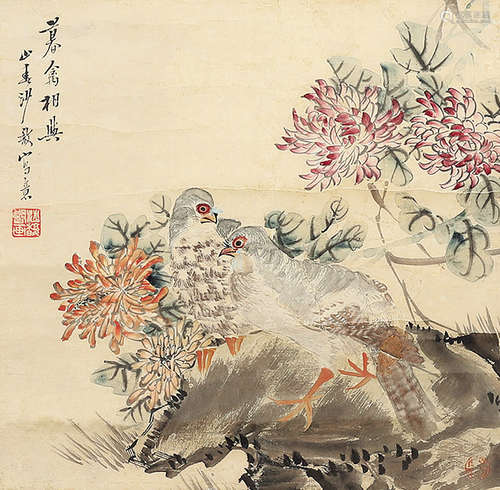 1831～1906 沙馥 花下双禽 镜片 纸本