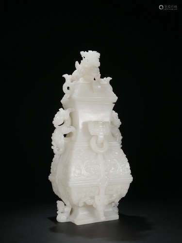 Seventeenth Century：A Hetian White Jade Vase With Dragon Design