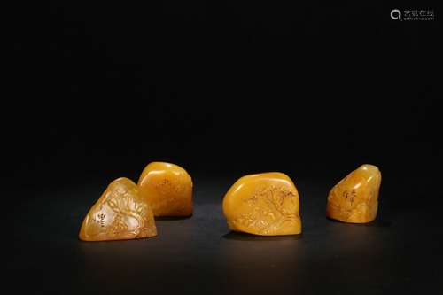 Old Collection：Four Shoushan Stone Seals with Designs of Pine and Bamboo