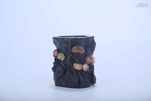 A Rosewood Brush Pot Inlaid with Shoushan Stone Ganoderma   in the seventeenth century