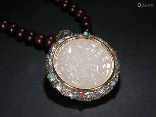 Old Collection ：A Pure Silver Pendant of Guanyin Inlaid with Jade