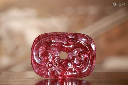 Seventeenth Century： A Peach-colored Tourmaline Jade Bi Carved with Dragon