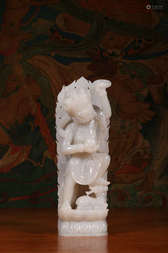 Old Collection :A Hetian White Jade Dhammapala Statue