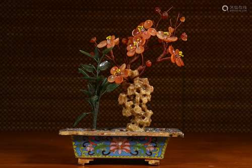 Old Collection： A Cloisonne and Agate Potted Landscape with Designs of Plum Blossom and Rare Stone