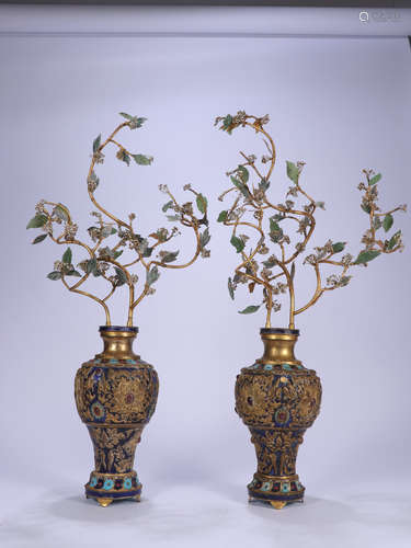 Old Collection： A Pair of Eastern Pearl Gilt Potted Landscape