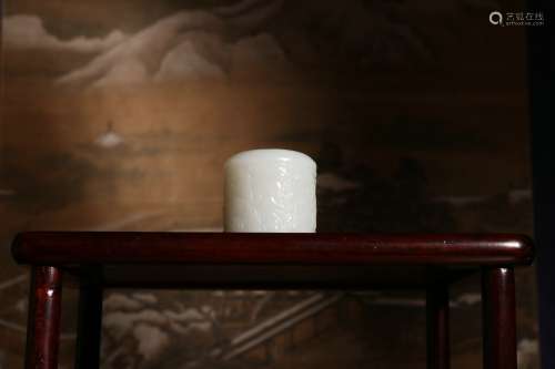 Old Collection ：An Old Hetian White Jade Thumb Ring Carved with Landscapes and Figures