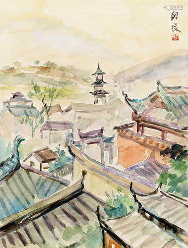 1900～1986 关良 有塔的风景 镜片 纸本