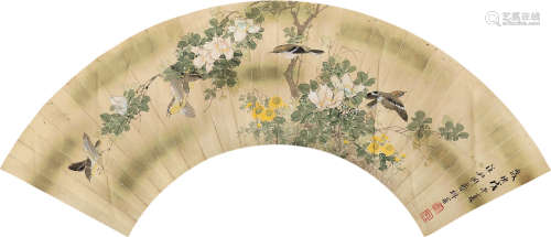 1867～1923 汪如渊 花鸟扇片 镜片 纸本