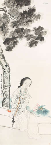 1857～ 1931 顾让 赏花仕女图 立轴 纸本