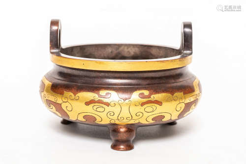 Chinese Ming Dynasty Xuande Annual Bronze Gold Gilded Incense Burner