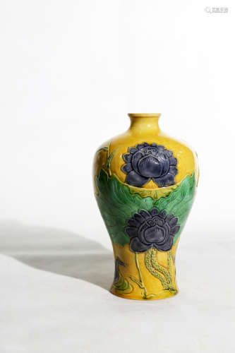 Chinese Qing Dynastysu Tricolor Carved Porcelain Plum Bottle