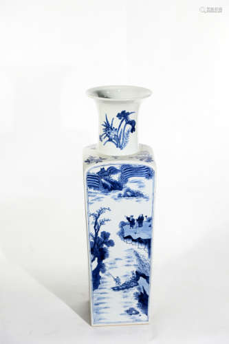 Chinese Qing Dynasty Kangxi Period Blue And White Porcelain Poem Square Bottle