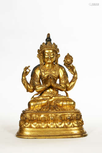 Chinese Exquisite Bronze Gold Gilded Four-Armed Guanyin Statue