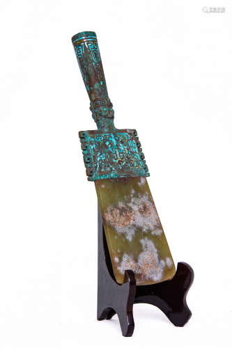 Chinese Early China Period Rare Bronze Knife Inlaid With Jade