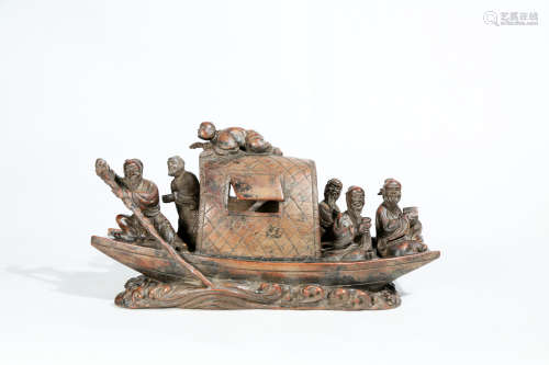 Chinese Agarwood Carving Boating Statue