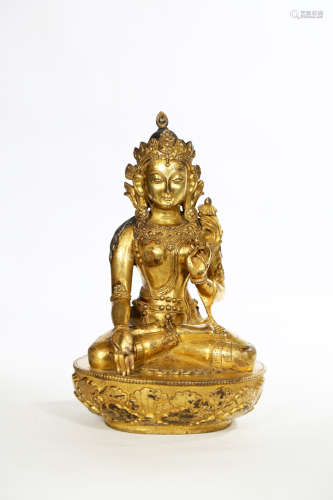 Chinese Rare Bronze Gold Gilded Guanyin Statue