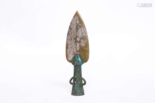 Chinese Rare Bronze Dagger Inlaid With Jade