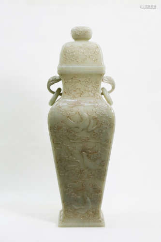 Chinese Hetian Jade Carving Dragon And Phoenix Pattern Square Bottle