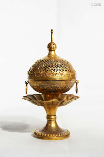 Chinese Exquisite Bronze Gold Gilded Incense Burner